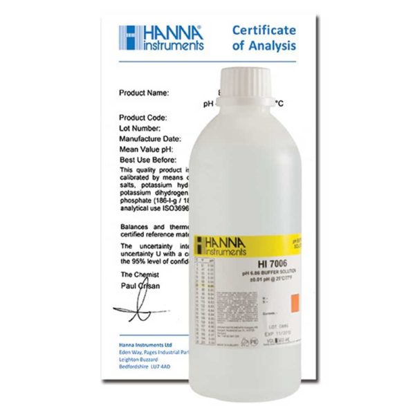 HI-7006L/C pH 6.86 Buffer Solution, 500 mL bottle & Certificate - Image 2